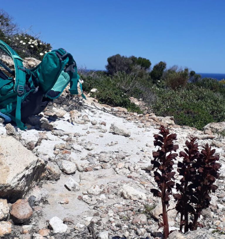 Zaino da trekking poggiato durante una pausa